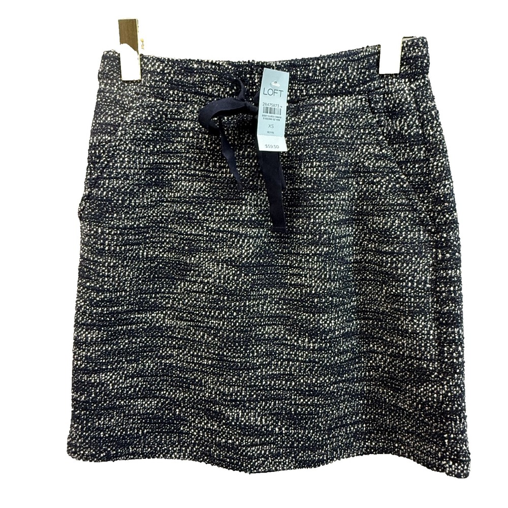 LOFT Petite Skirt XSP Tweed Knit Navy White Drawstring Pockets NWT Mini